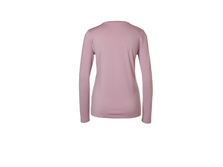 Rosa Langarm-Sportshirt für Damen, Rückansicht.