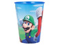 Ein blauer Becher mit einem Bild von Luigi und Mario.
