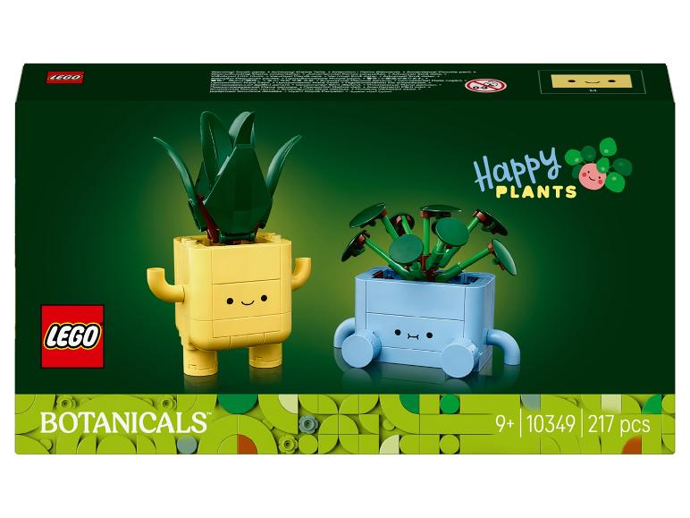 LEGO Happy Plants Box mit zwei baubaren Pflanzen, einer gelben und einer blauen.