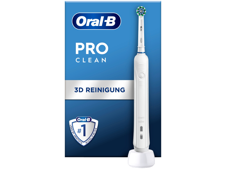 Elektrische Zahnbürste mit dem Text „PRO CLEAN 3D REINIGUNG“ und dem Logo „#1 von Zahnärzten weltweit verwendet“.