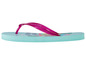 Blaue Flip-Flops mit rosa Band und Sommermotiv.
