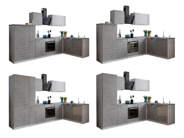 Vier Ansichten einer modernen L-förmigen Küche in Betonoptik mit Geräten und Dekoration.