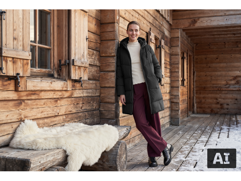 Frau in schwarzem Steppmantel und weinroter Hose vor einer Holzhütte im Schnee.