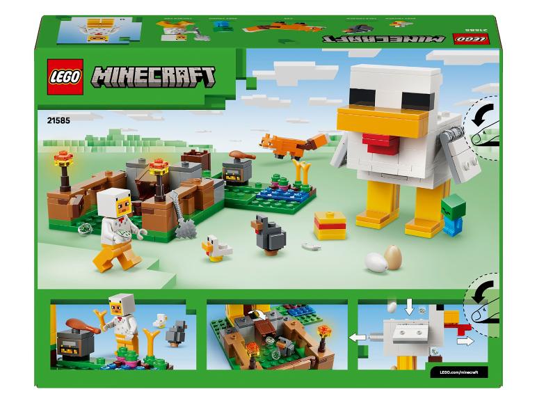 Minecraft-Bausteinset mit Hühnerstall, Figuren und Tieren.