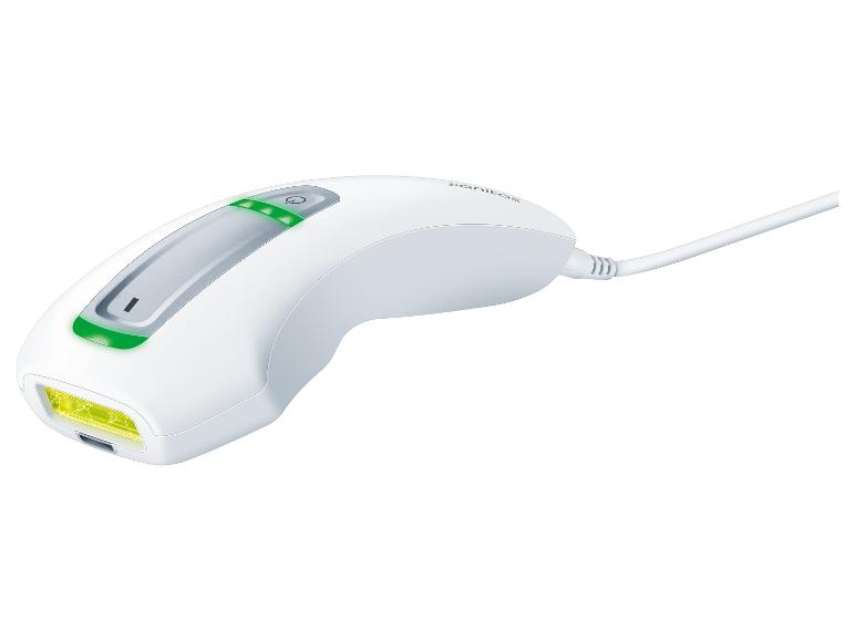 Weißes IPL-Haarentfernungsgerät mit grünen Anzeigen und gelbem Licht.