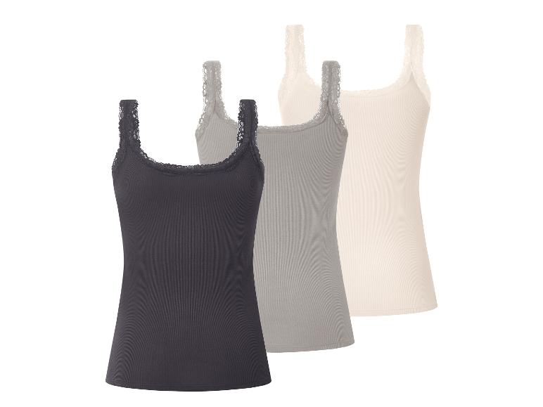 Set aus drei gerippten Spaghettiträgertops mit Spitze in Dunkelgrau, Grau und Beige.