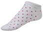 Eine graue Socke mit roten Punkten.