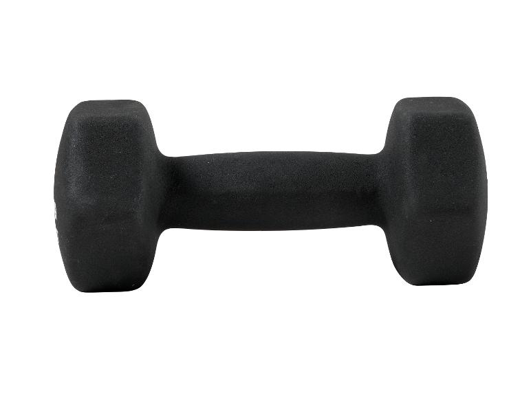 Eine schwarze Hantel mit Neoprenbeschichtung auf weißem Hintergrund.