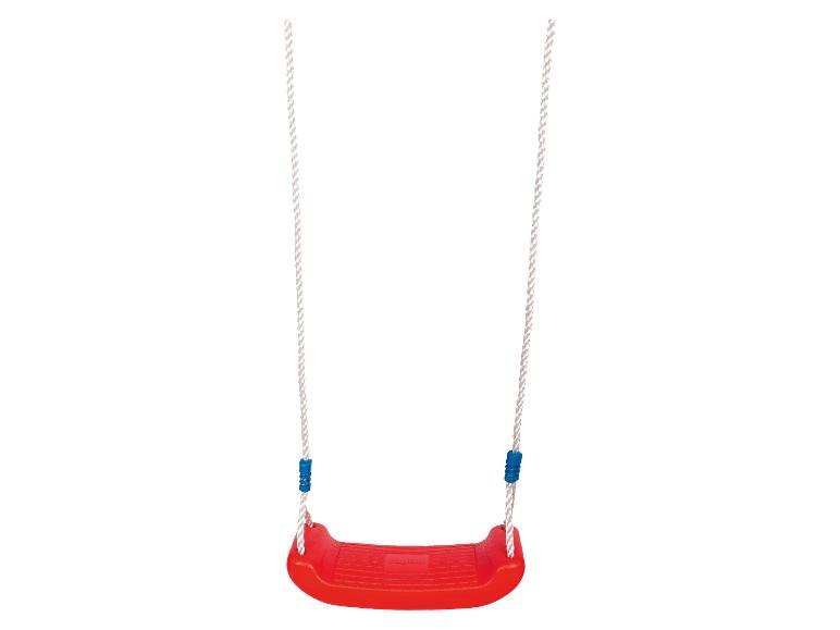 Rote Schaukel mit weißen Seilen und blauen Verstellern.