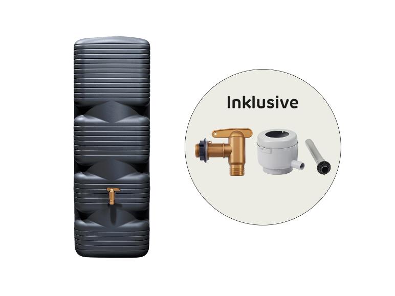 Dunkelgrauer Regenwassertank mit Wasserhahn und Anschlussset.