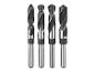 Vier schwarze und silberne HSS-Bohrer mit den Markierungen OWM 16 HSS, OWM 17 HSS, OWM 18 HSS und OWM 20 HSS