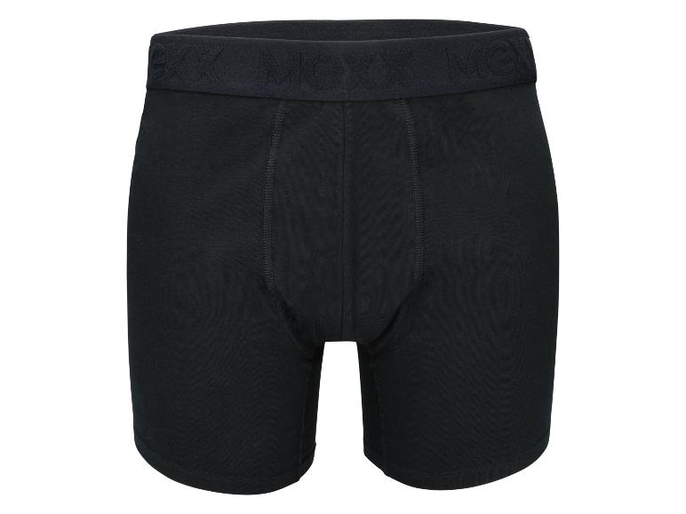 Ein Paar schwarze Herren-Boxershorts mit sichtbarem Markennamen am Bund.