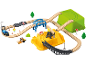 Holzeisenbahn-Set mit Zug, Baufahrzeugen und Brücken.