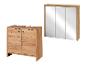 Hölzerner Waschtischunterschrank mit Aussparung und Spiegelschrank mit drei Türen.