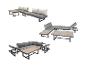 Modulares Outdoor-Sofa-Set mit grauen Kissen und Holztischen, in verschiedenen Konfigurationen.