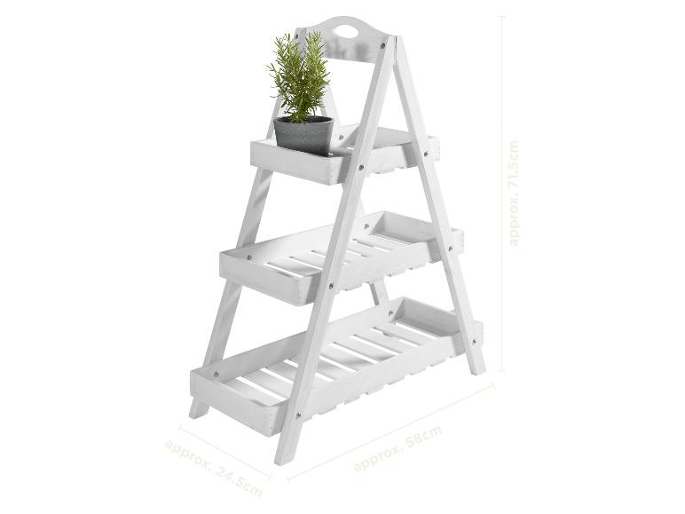 Weißes Holzregal mit drei Ebenen und einer Topfpflanze, mit Maßen.