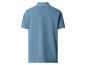 Blaues Kurzarm-Poloshirt mit weißem Kragen und Bündchen, Rückansicht.