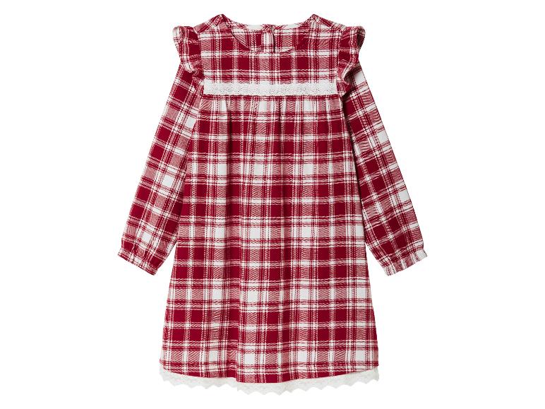 Ein rotes kariertes Kleid mit weißen Details und Spitze.