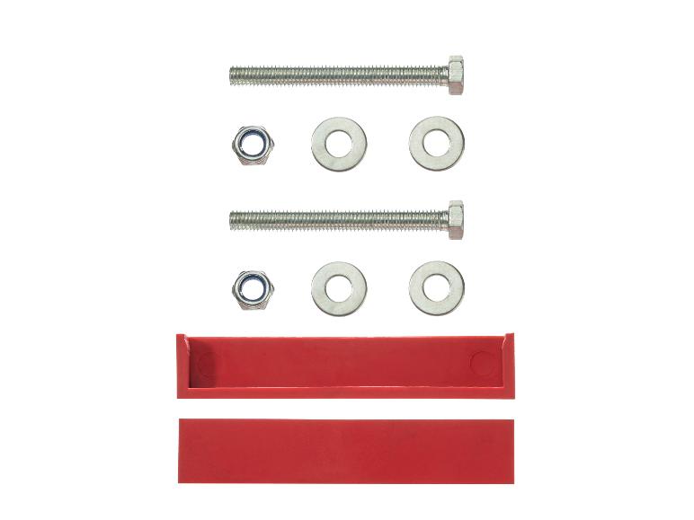 Set aus Schrauben, Muttern, Unterlegscheiben und roten Kunststoffhaltern.