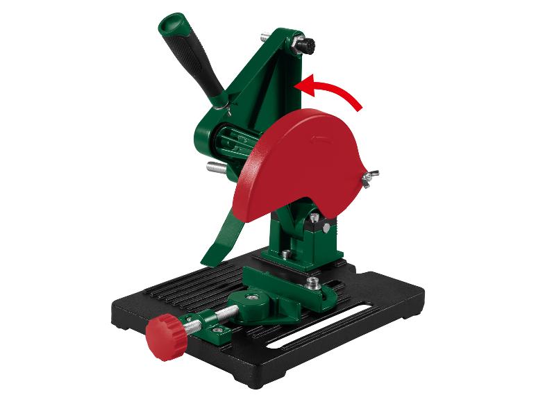 Winkelschleiferständer in Grün und Schwarz mit rotem Schutz und Einstellknopf.