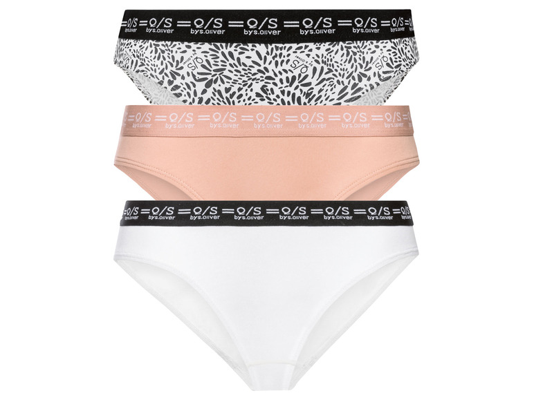 Drei Paar Damen-Slips von bys.oliver: ein Paar mit einem weißen und schwarzen Muster, ein rosafarbenes und ein weißes.