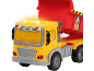 Gelber Spielzeug-LKW mit roter Kippmulde und leuchtenden Lichtern.