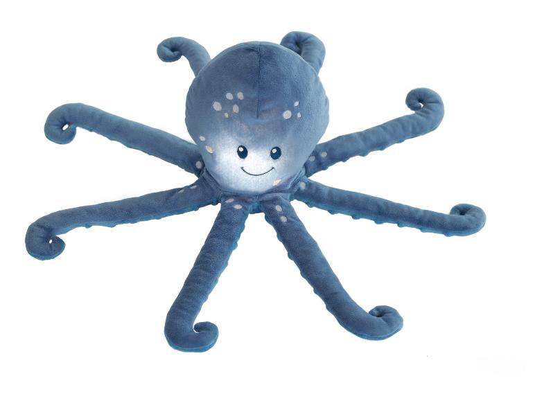 Blauer Oktopus-Plüschtier mit acht Tentakeln und lächelndem Gesicht