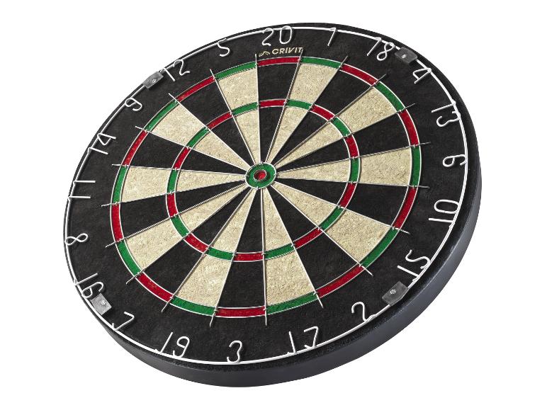 Eine Crivit Dartscheibe mit schwarzen, beigen, roten und grünen Segmenten und weißen Zahlen.