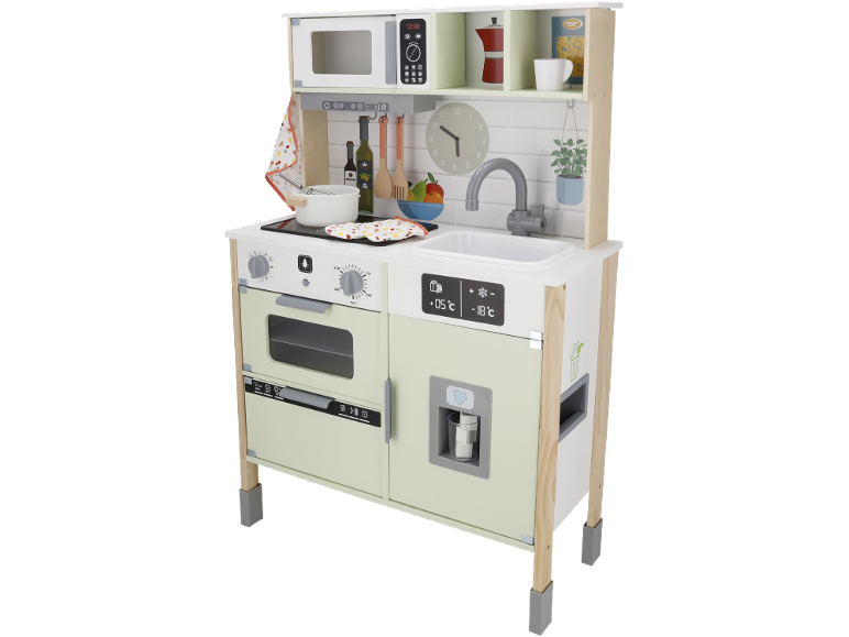 Holzspielküche mit Backofen, Mikrowelle, Spüle und Kühlschrank, komplett mit Zubehör.