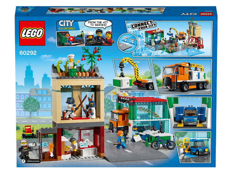 LEGO City Adventures-Set mit einer Autowaschanlage, einem Müllwagen und einem Gebäude mit einer Pizzeria und einem Dojo.