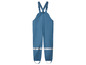 Blaue Regenhose mit Hosenträgern und reflektierenden Streifen.