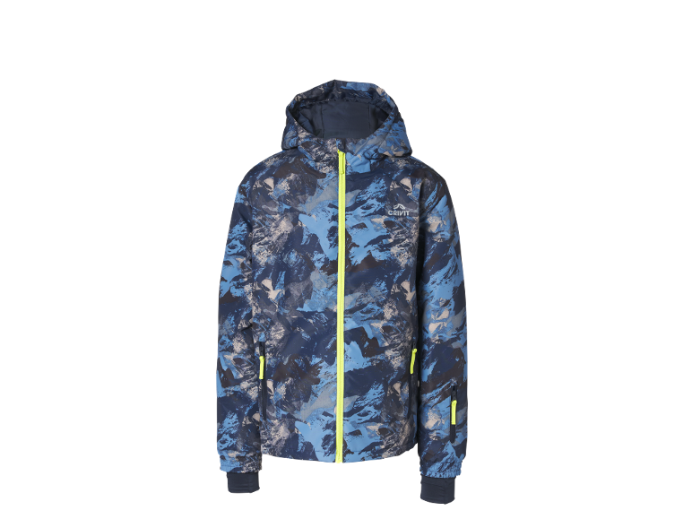 Kinder-Skijacke mit blauem Camouflage-Muster und neongelbem Reißverschluss.