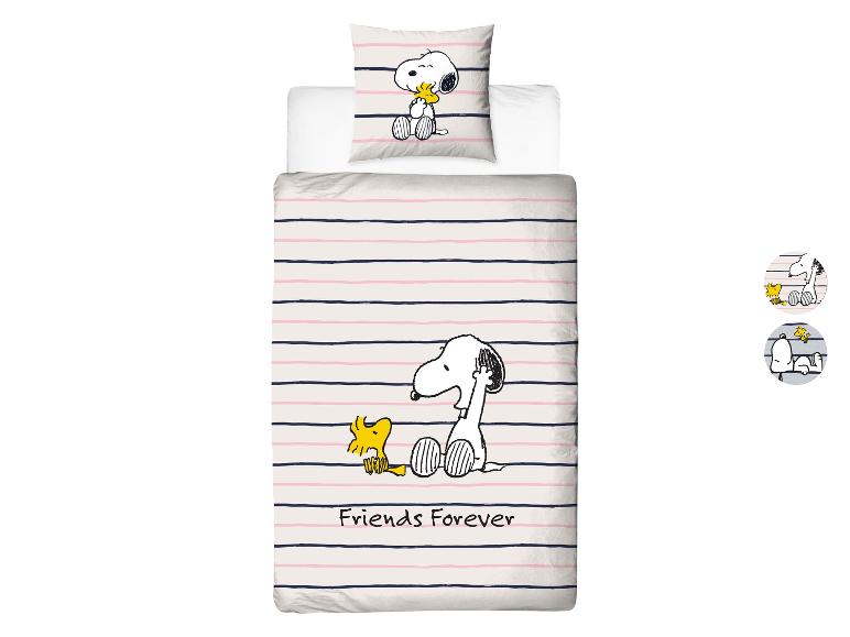 Snoopy Kinderbettwäsche mit Streifen.