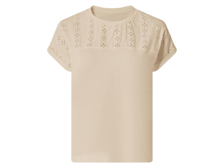 Beiges Damen-T-Shirt mit kurzen Ärmeln und bestickten Details an den Schultern.