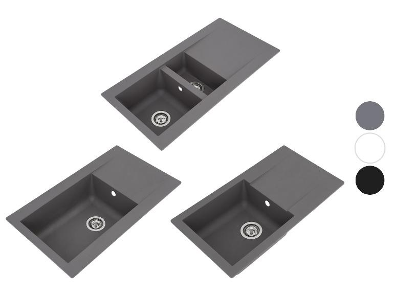 Drei graue Küchenspülen mit einem oder zwei Becken und Farbmustern.