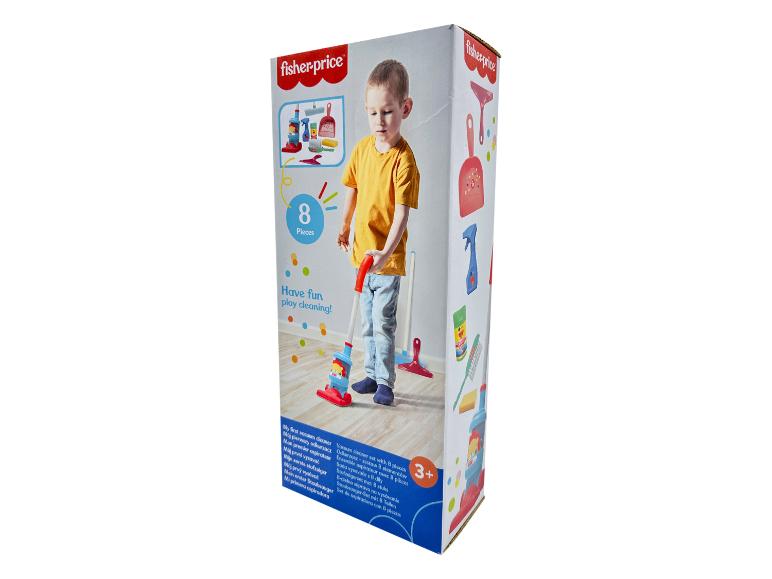 Spielzeug-Staubsauger-Set mit 8 Teilen, mit einem Kind, das spielt und putzt.