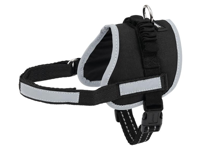 Schwarzes Hundegeschirr mit reflektierenden Streifen und einem Metall-D-Ring.