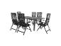 Gartenmöbel-Set: rechteckiger Tisch und sechs klappbare Stühle mit schwarzem Geflecht.