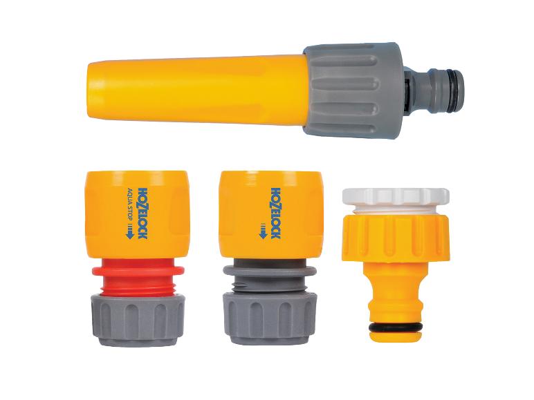 Set aus gelben und grauen Gartenschlauchverbindern, inklusive Spritzpistole und Adaptern.