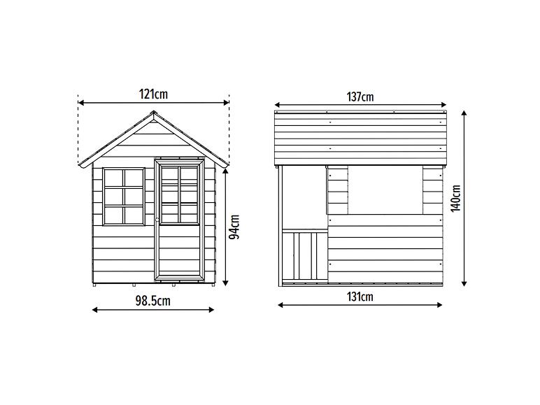 Zwei Zeichnungen eines Kinderspielhauses mit Maßen: 121x98.5x94 cm und 137x131x140 cm.