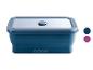 Blaue faltbare Lebensmittelbox mit transparentem Deckel und zwei Farboptionen.