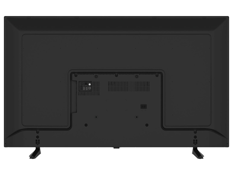 Die Rückseite eines schwarzen Fernsehers mit Anschlüssen.