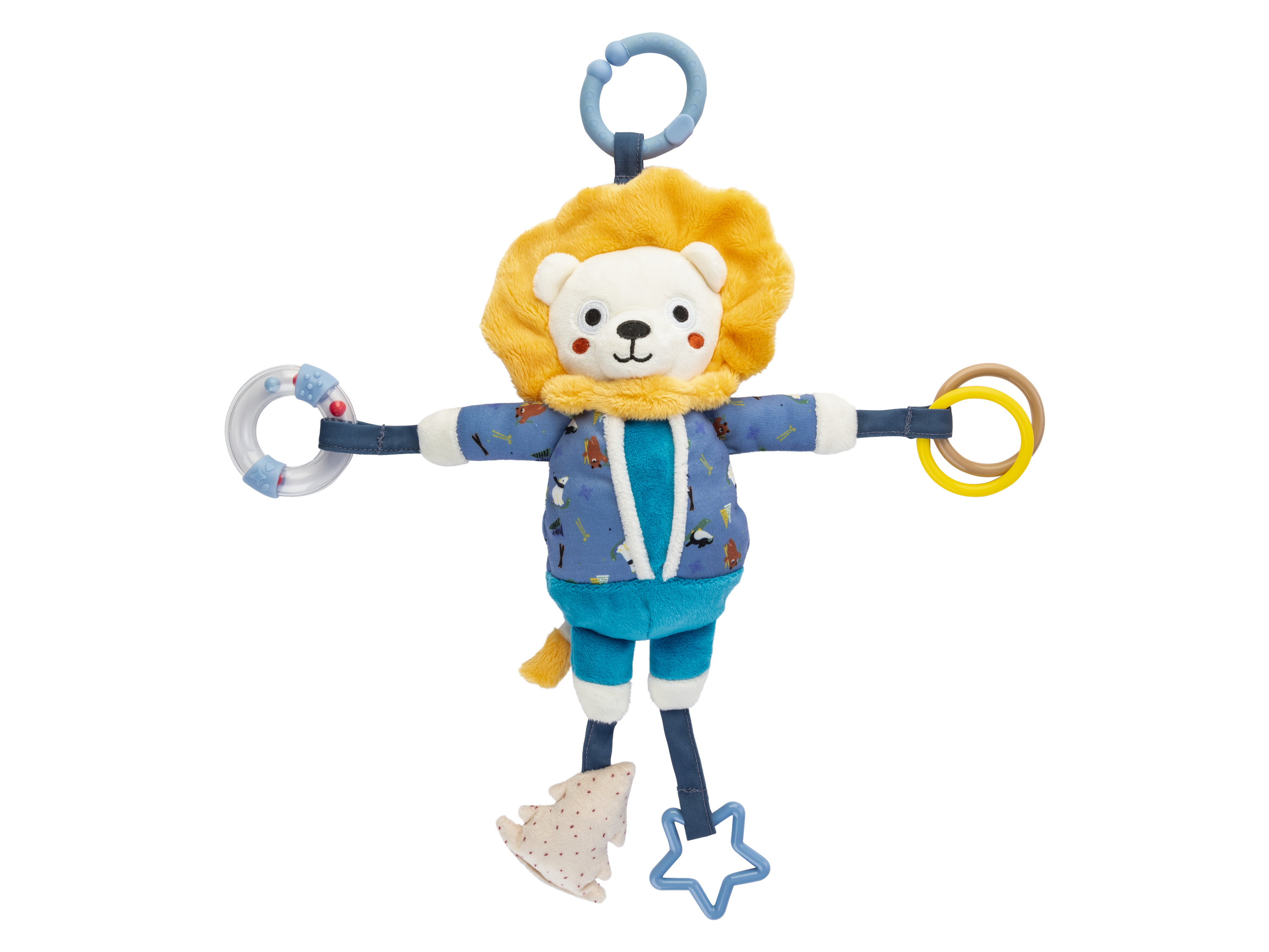 lupilu® Activity Tiere Team Lupilu (Löwe)““ | Rasselring und 3-D-Element mit Quietsche animieren das Baby zum Greifen und Fühlen Mit C-Ring für einfache Befestigung – ideal für unterwegs Activity-Würfel Vielfältige Spielfunktionen zum Entdecken: Spiegel, Glöckchen