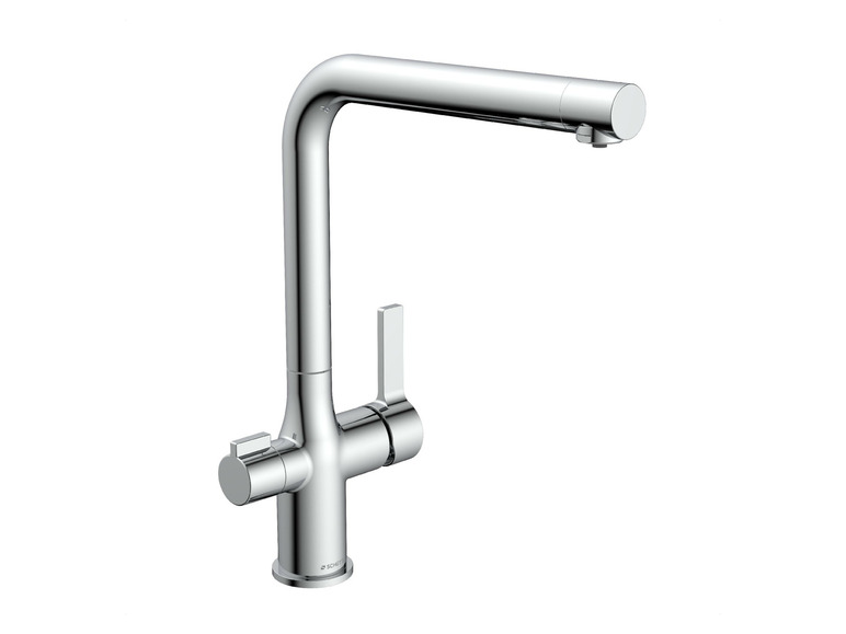 Ein verchromter Küchenwasserhahn mit zwei Knöpfen der Marke SCHÜTTE.
