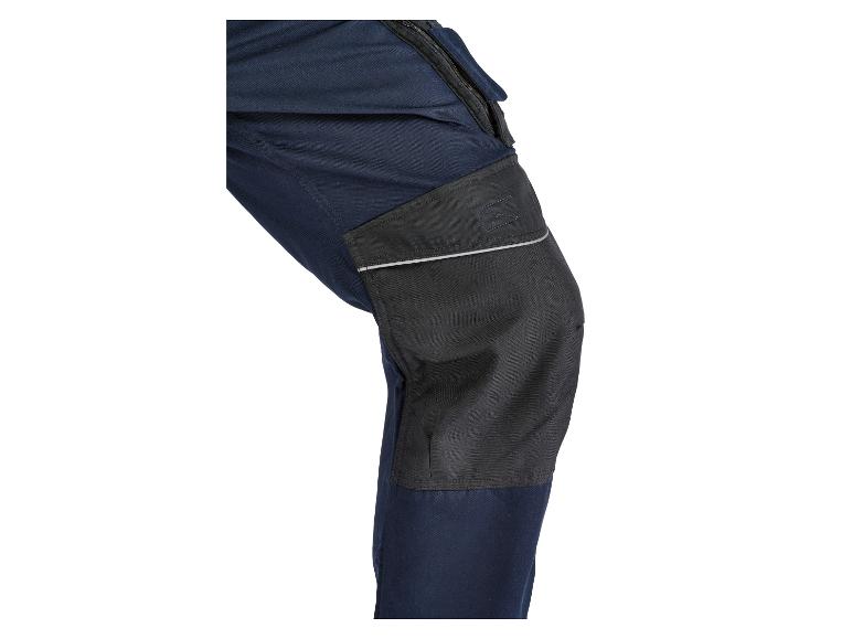 Dunkelblaue Arbeitshose mit Knieschutz.