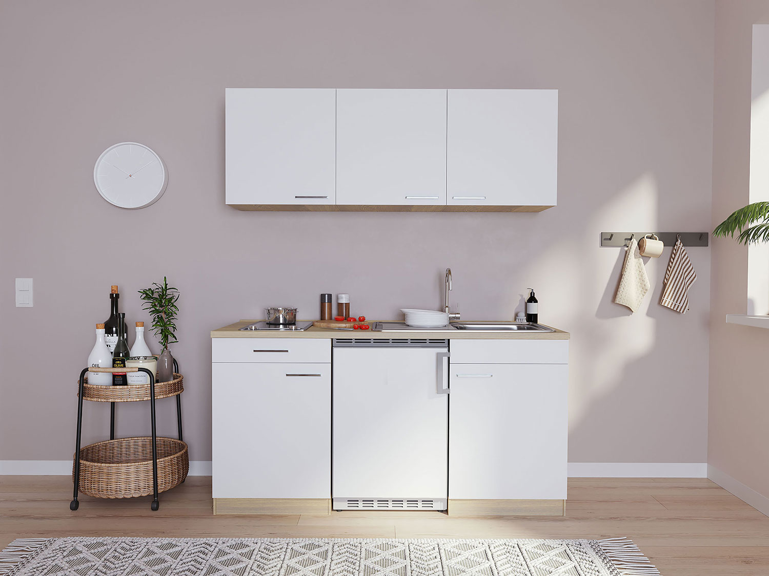 Respekta Singleküche Eiche Sonoma Sägerau 150/160/180cm (ohne Mikrowelle, weiß mit Glaskeramikkochfeld, Breite 150cm) | 04260344973927