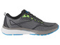 Graue und schwarze Laufschuhe mit blauen Details.