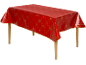 Rote Weihnachtstischdecke mit goldenen festlichen Mustern auf einem Holztisch.