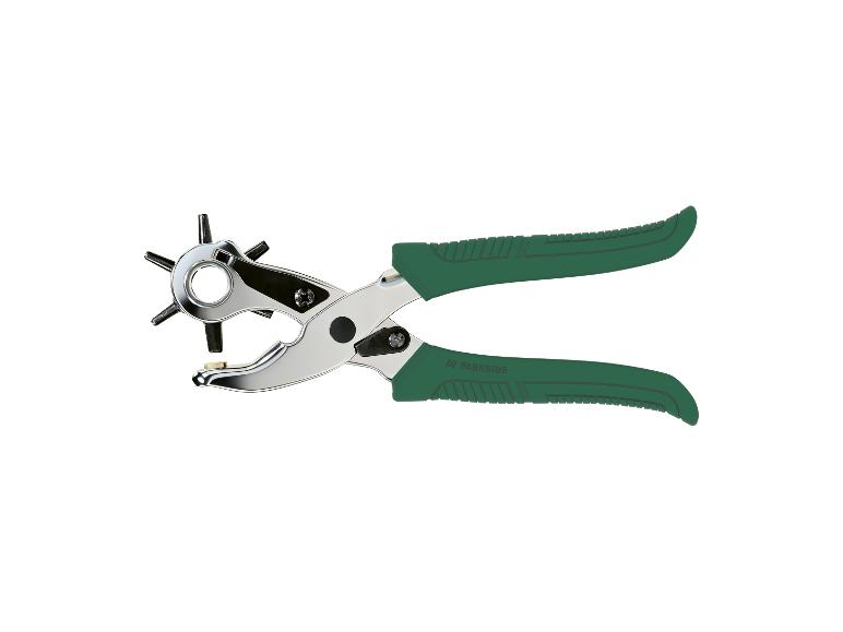 Lochzange für Leder mit grünen Griffen und drehbarem Kopf mit sechs Lochgrößen.