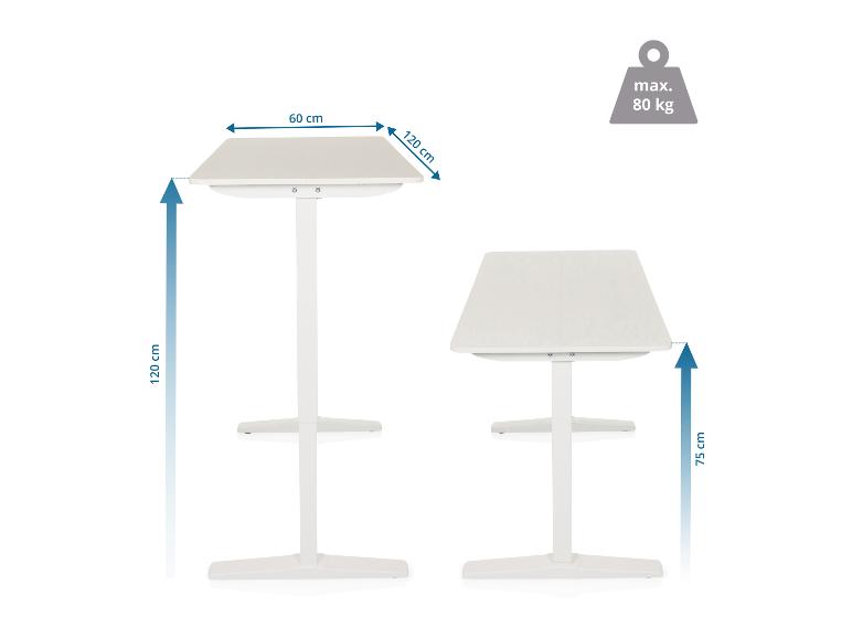 Weißer höhenverstellbarer Stehtisch, 120x60 cm, maximale Belastung 80 kg.